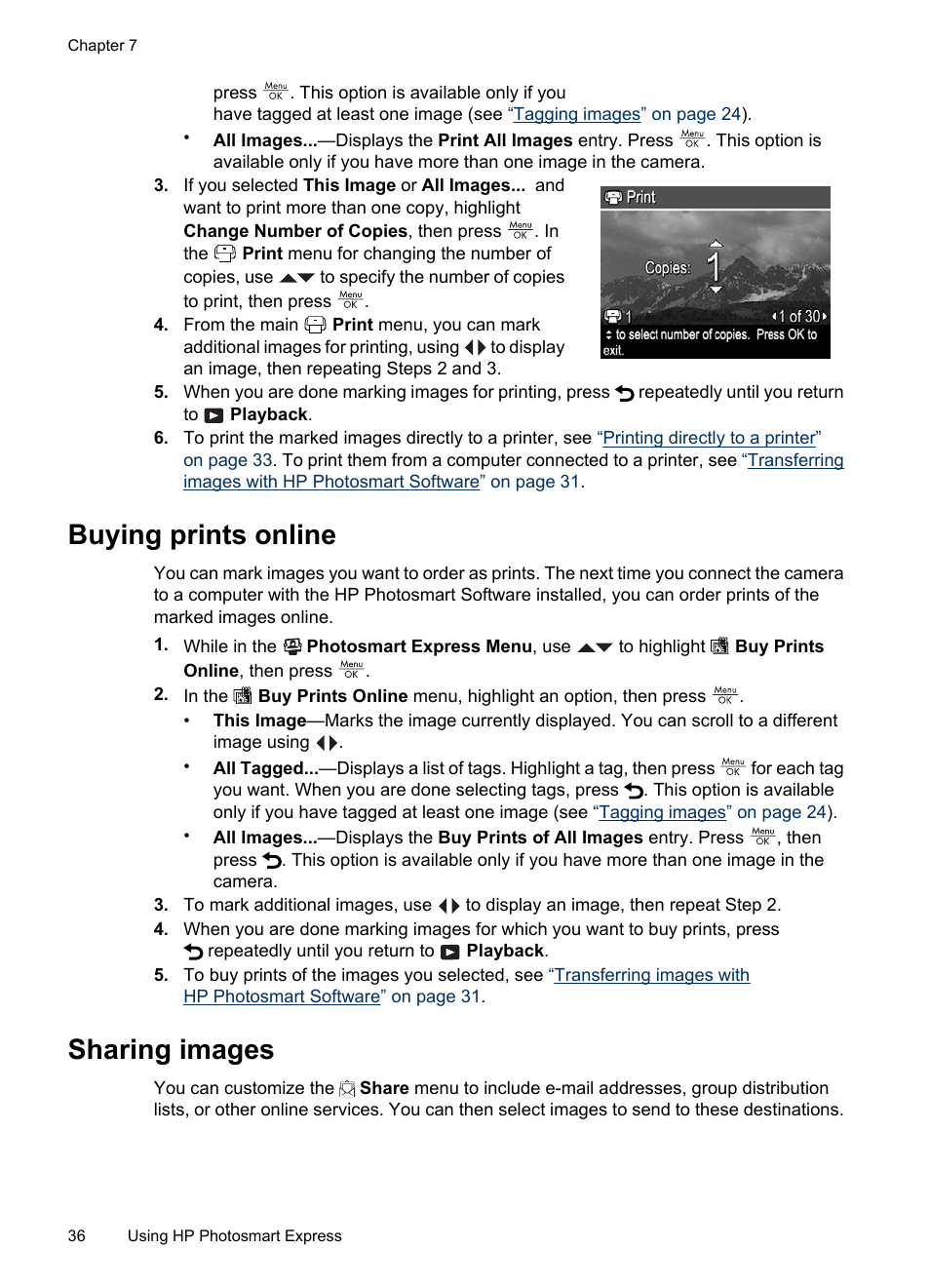 Buying prints online, Sharing images, Buying prints online sharing images | Sharing | HP R830/R840 User Manual | Page 38 / 59