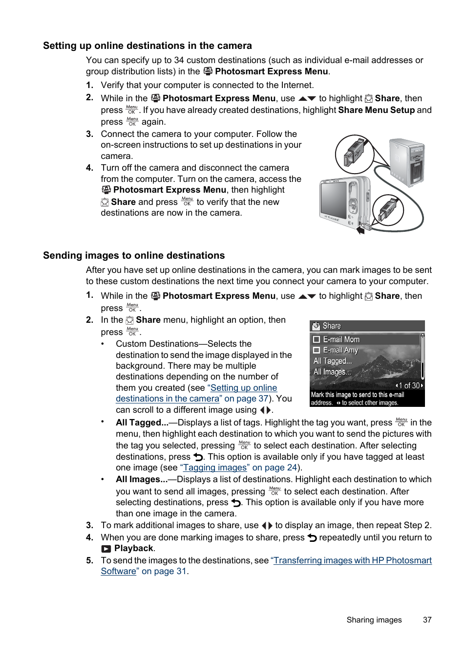 Setting up online destinations in the camera, Sending images to online destinations | HP R830/R840 User Manual | Page 39 / 59