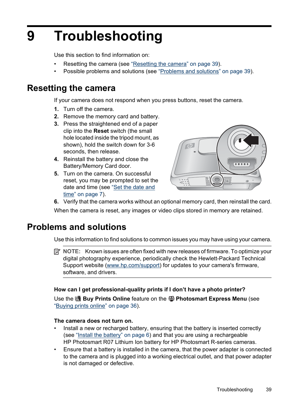 Troubleshooting, Resetting the camera, Problems and solutions | 9 troubleshooting, Resetting the camera problems and solutions, 9troubleshooting | HP R830/R840 User Manual | Page 41 / 59