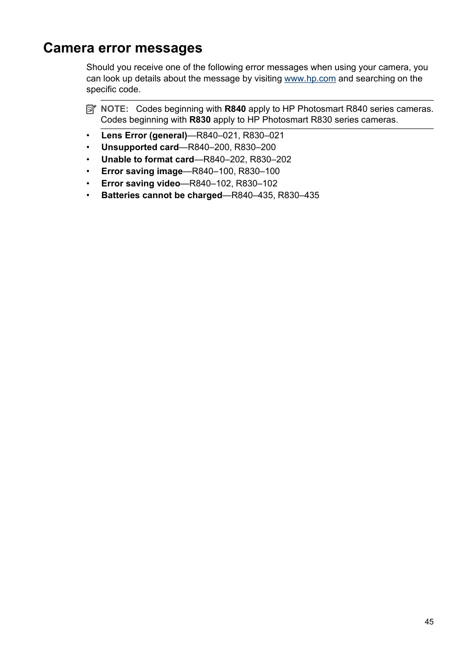 Camera error messages | HP R830/R840 User Manual | Page 47 / 59