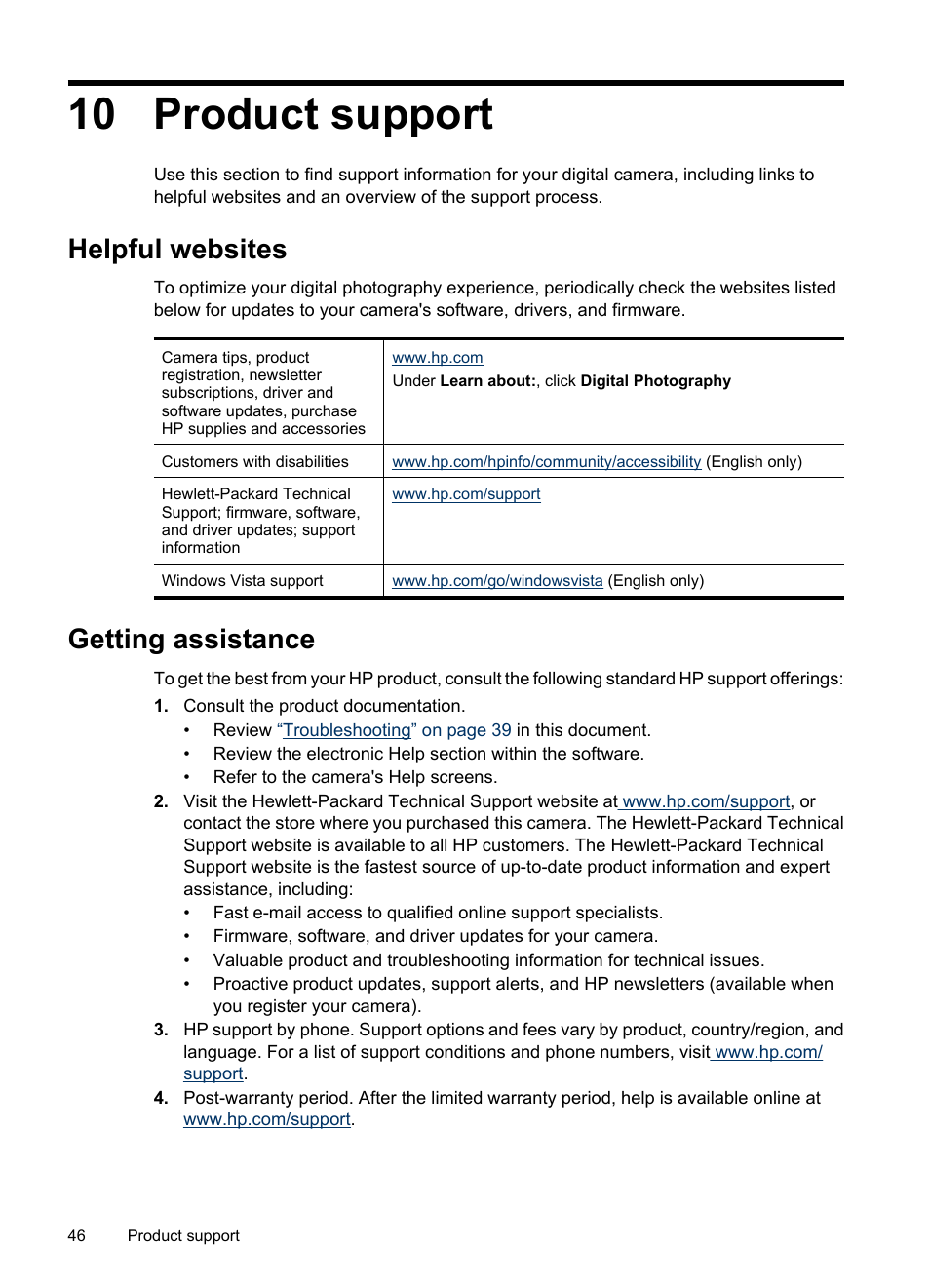 Product support, Helpful websites, Getting assistance | 10 product support, Helpful websites getting assistance, Product | HP R830/R840 User Manual | Page 48 / 59