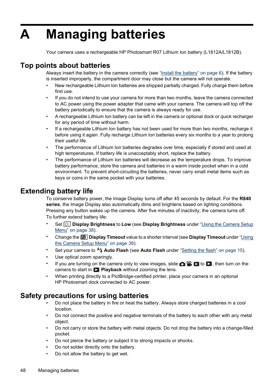 Managing batteries, Top points about batteries, Extending battery life | Safety precautions for using batteries, A managing batteries, Amanaging batteries | HP R830/R840 User Manual | Page 50 / 59