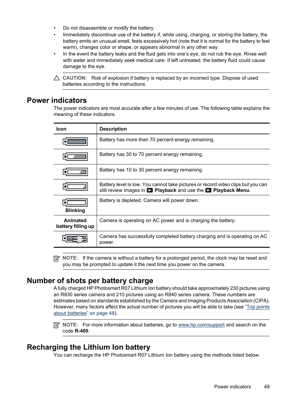 Power indicators, Number of shots per battery charge, Recharging the lithium ion battery | Recharging the lithium | HP R830/R840 User Manual | Page 51 / 59