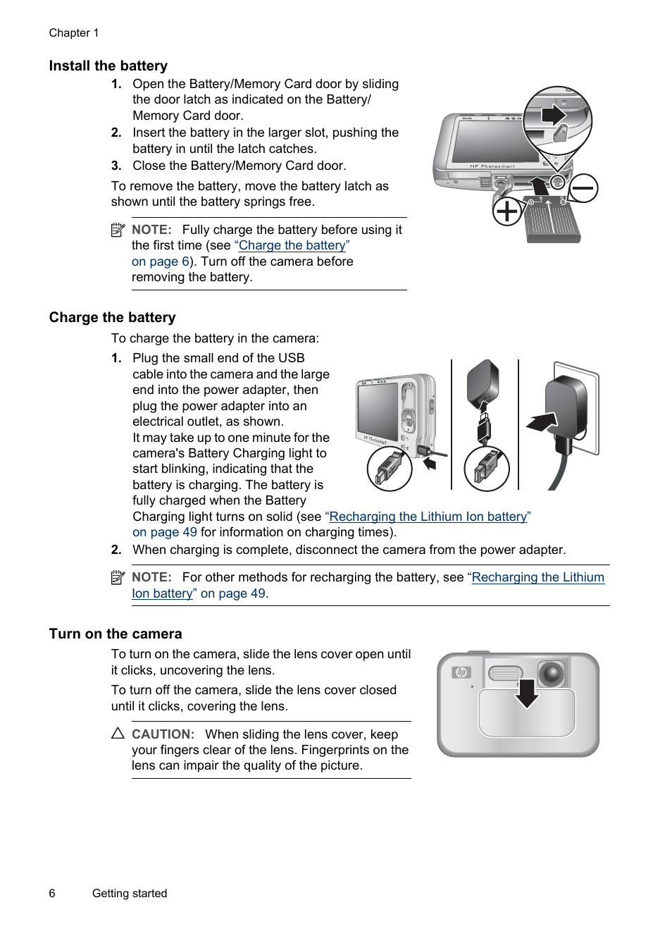 Install the battery, Charge the battery, Turn on the camera | HP R830/R840 User Manual | Page 8 / 59