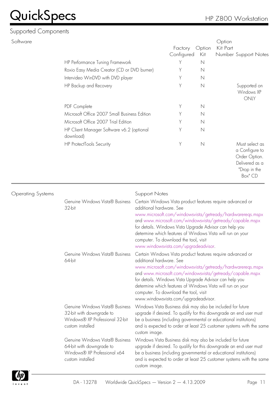 Quickspecs, Hp z800 workstation supported components | HP Z800 User Manual | Page 11 / 55