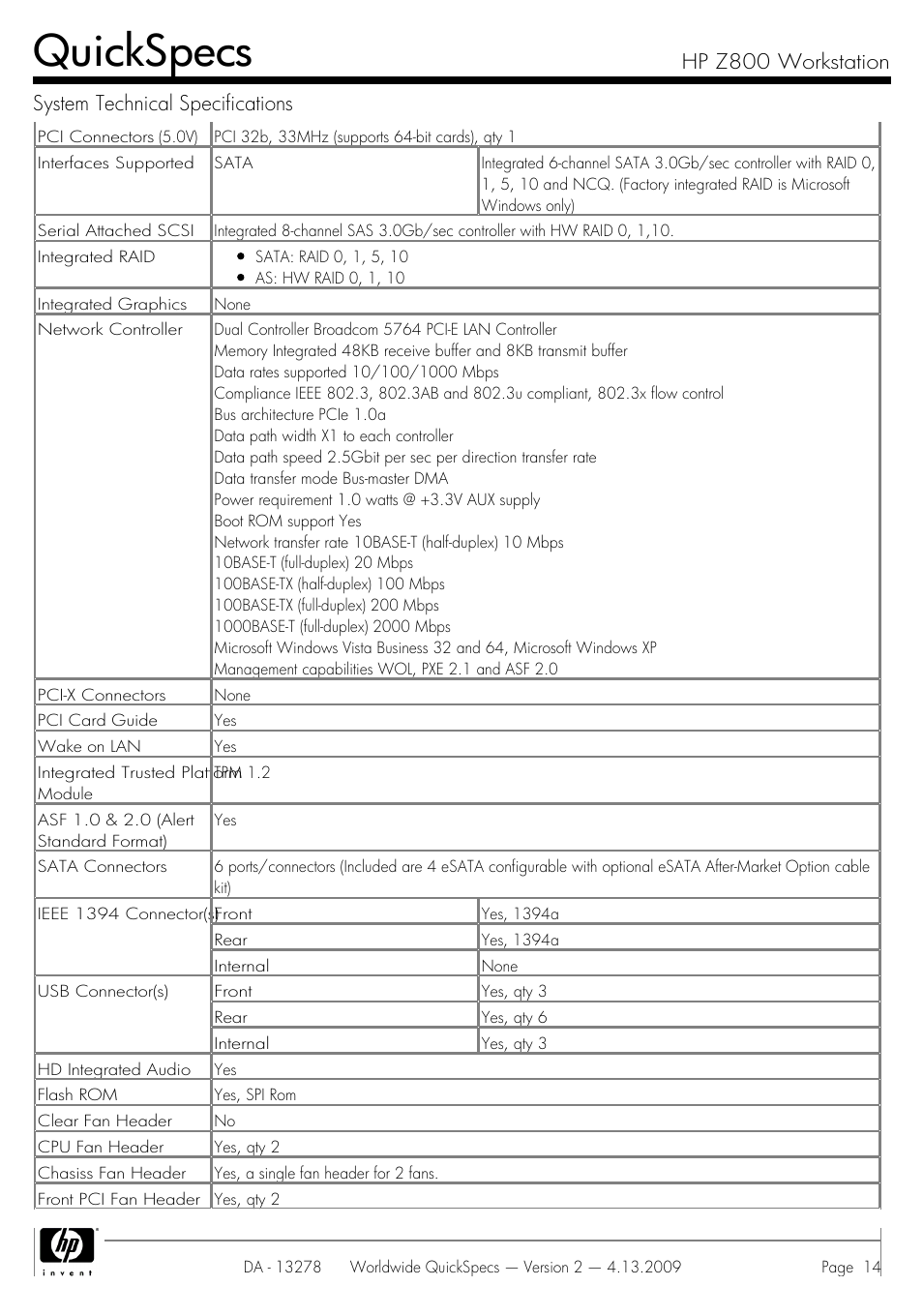 Quickspecs | HP Z800 User Manual | Page 14 / 55