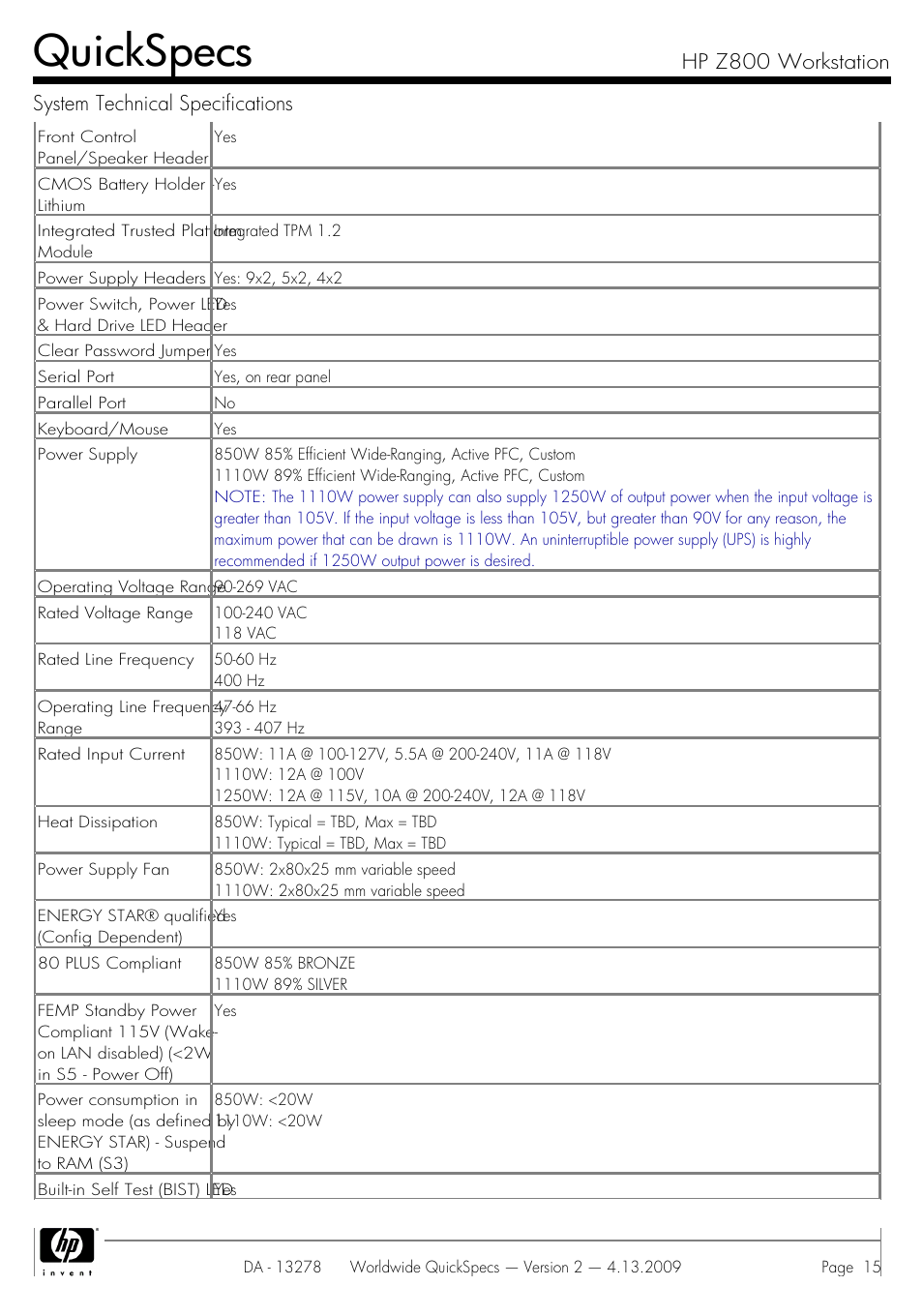 Quickspecs | HP Z800 User Manual | Page 15 / 55