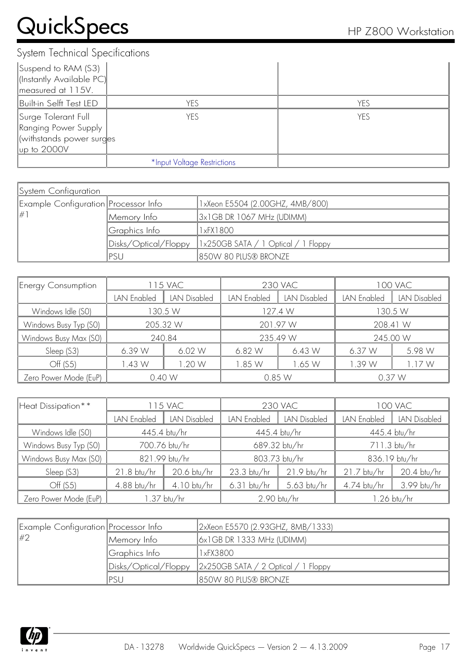 Quickspecs | HP Z800 User Manual | Page 17 / 55