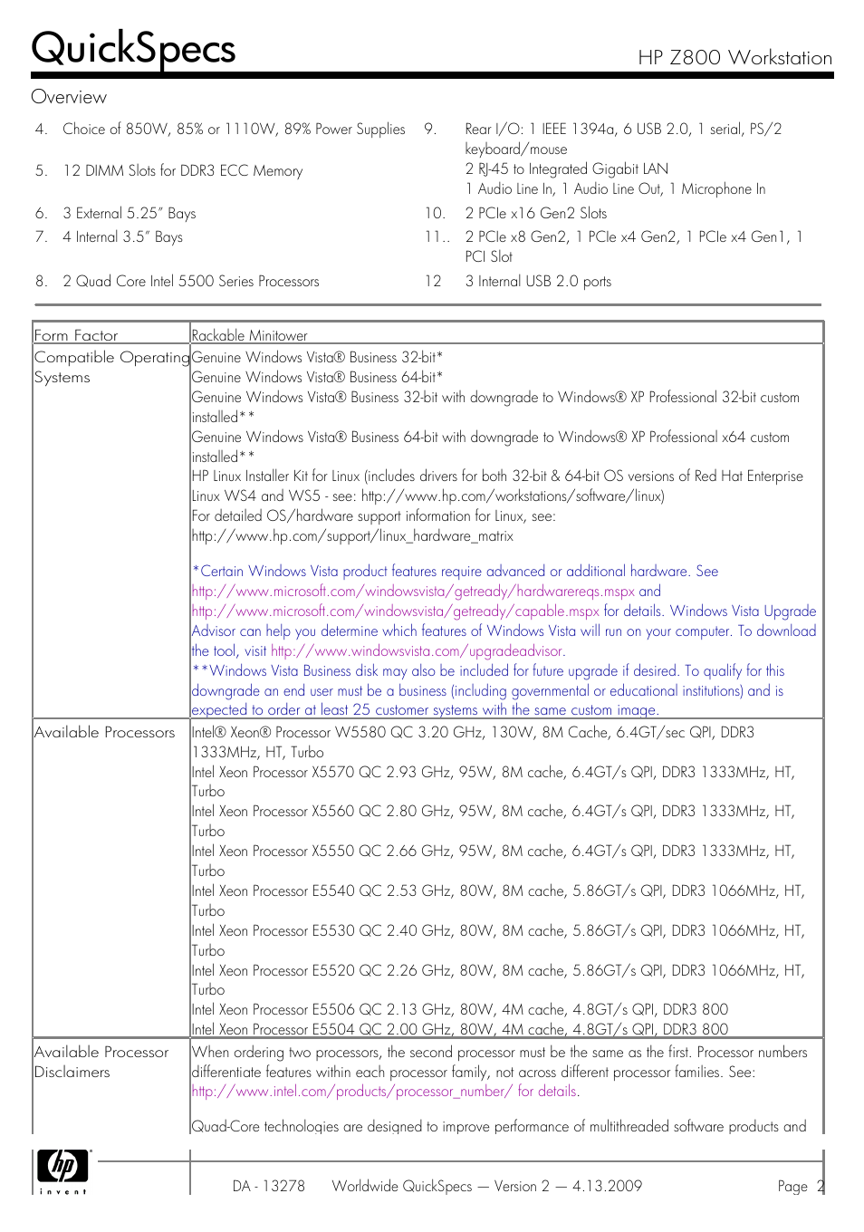 Quickspecs, Hp z800 workstation overview | HP Z800 User Manual | Page 2 / 55