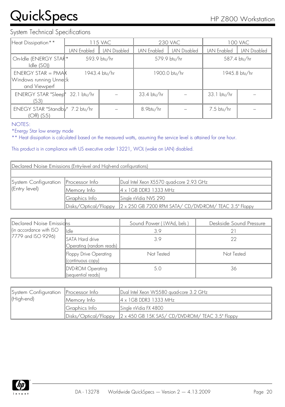 Quickspecs | HP Z800 User Manual | Page 20 / 55