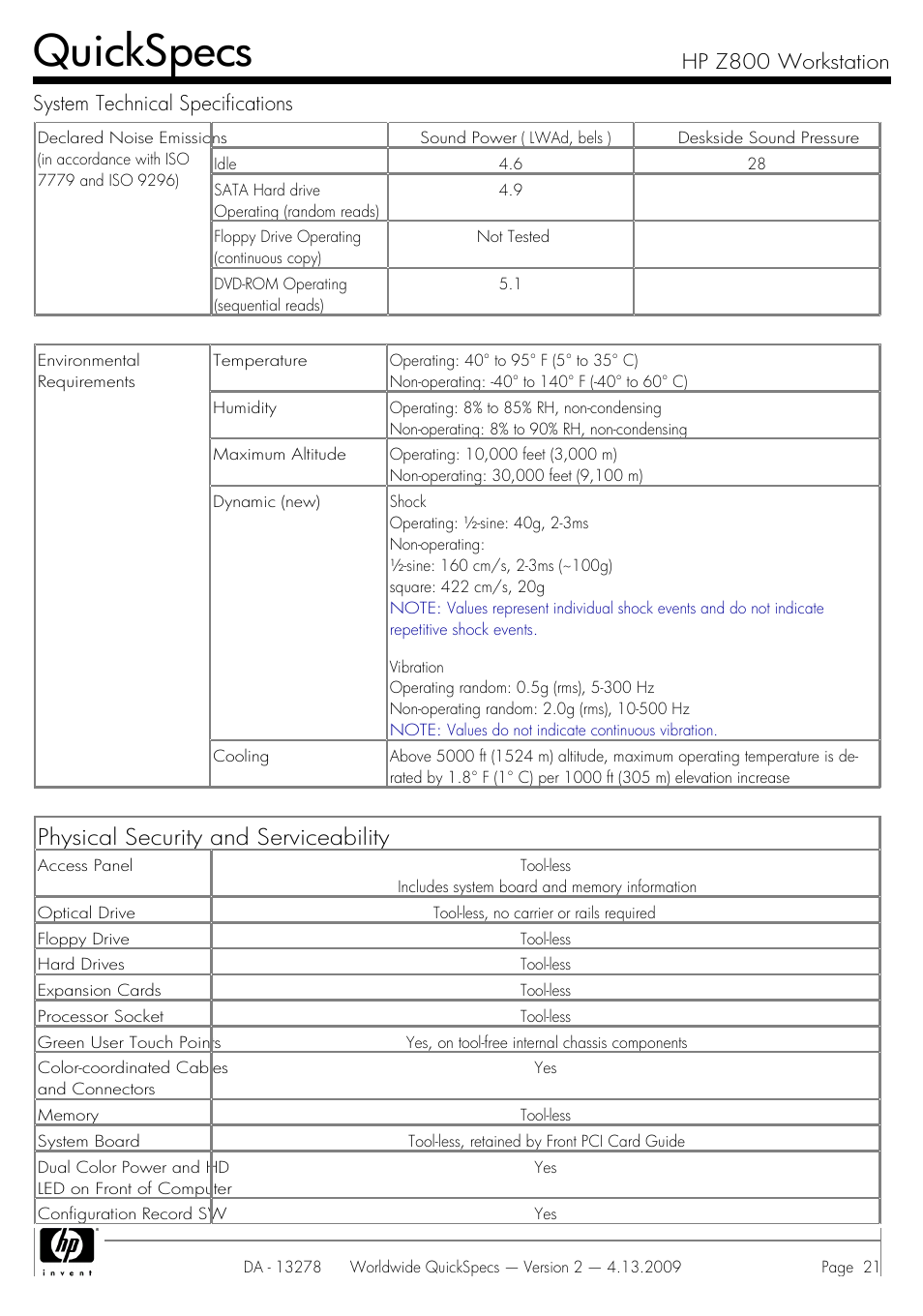 Quickspecs, Physical security and serviceability | HP Z800 User Manual | Page 21 / 55