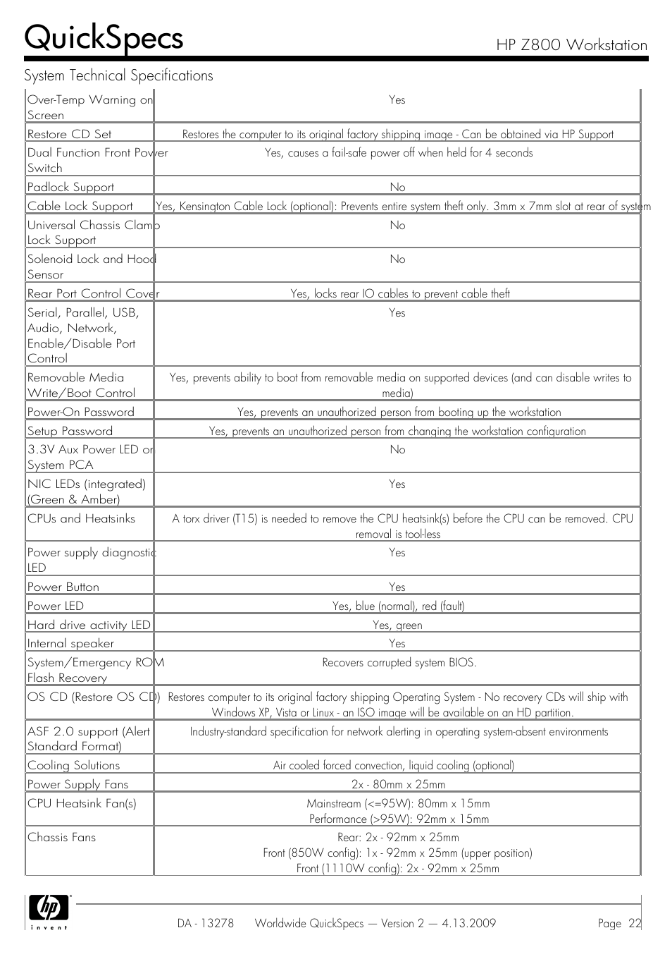 Quickspecs | HP Z800 User Manual | Page 22 / 55