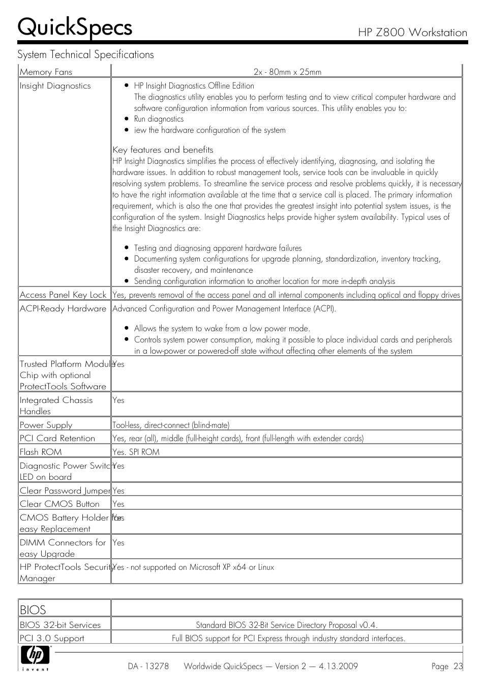 Quickspecs, Bios | HP Z800 User Manual | Page 23 / 55