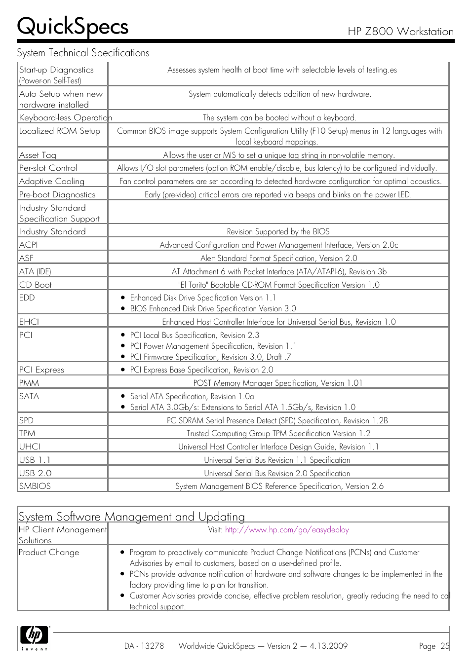 Quickspecs, System software management and updating | HP Z800 User Manual | Page 25 / 55