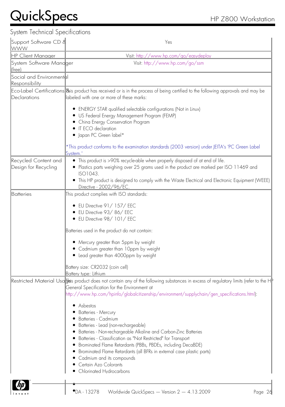 Quickspecs | HP Z800 User Manual | Page 26 / 55