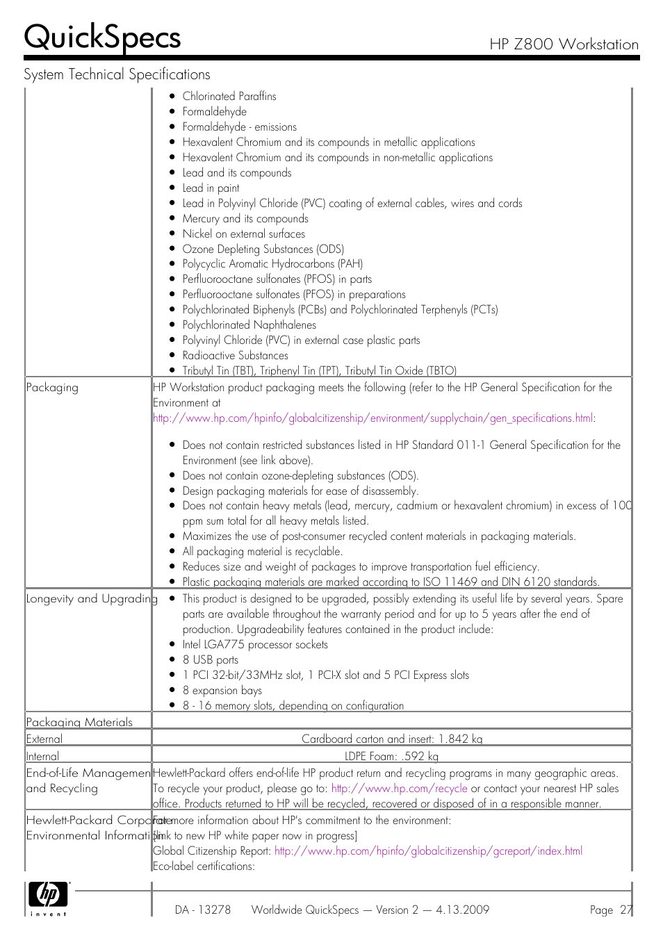 Quickspecs | HP Z800 User Manual | Page 27 / 55