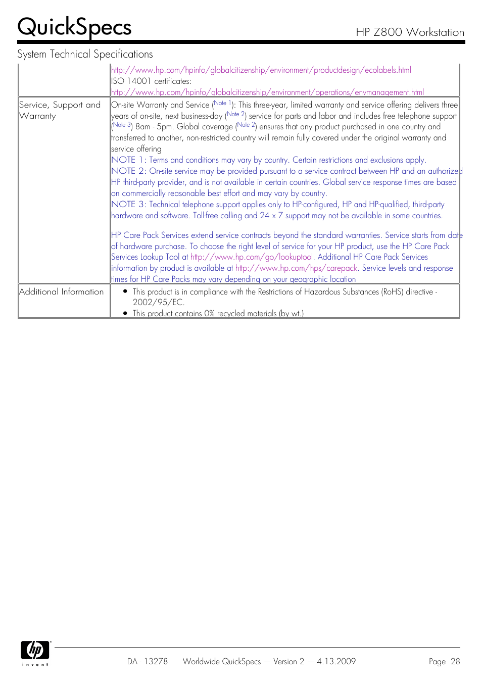 Quickspecs | HP Z800 User Manual | Page 28 / 55