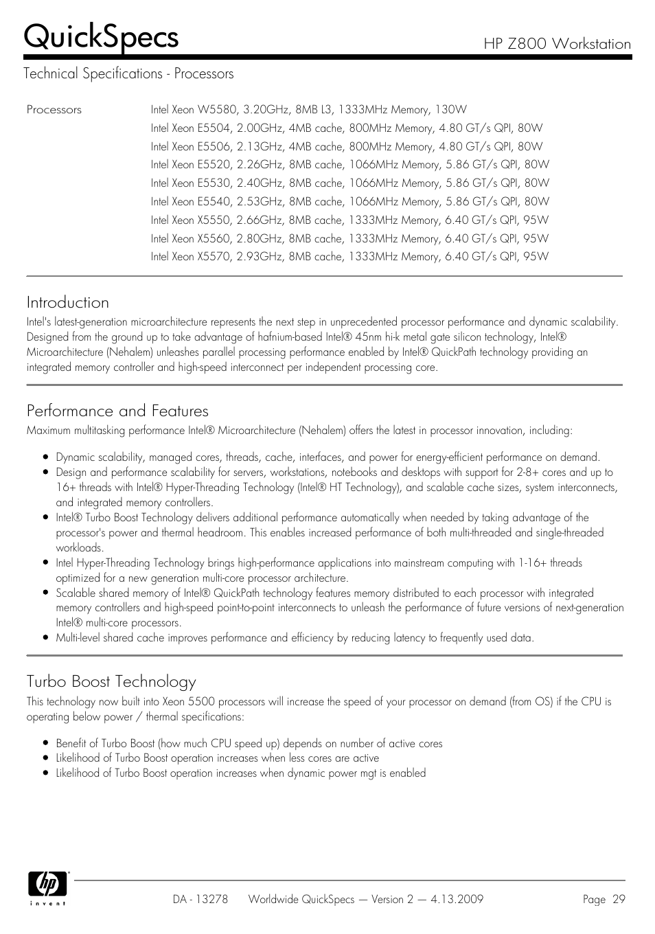 Technical specifications - processors, Quickspecs, Introduction | Performance and features, Turbo boost technology | HP Z800 User Manual | Page 29 / 55