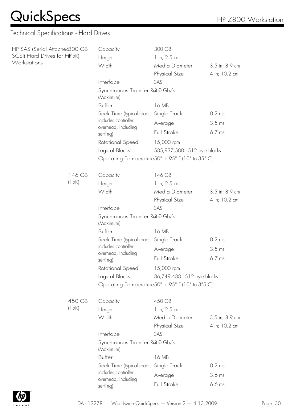 Technical specifications - hard drives, Quickspecs | HP Z800 User Manual | Page 30 / 55