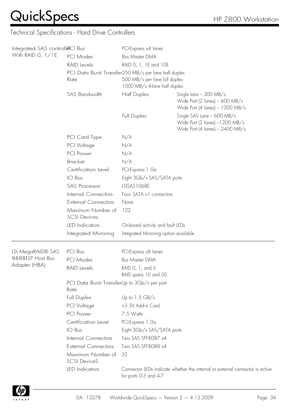 Technical specifications - hard drive controllers, Quickspecs | HP Z800 User Manual | Page 34 / 55