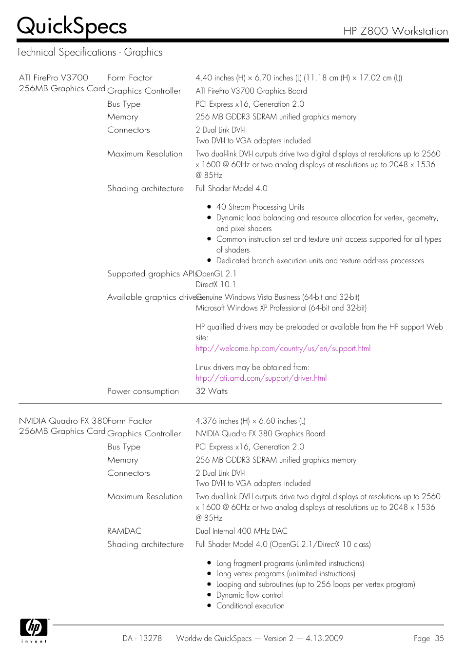 Technical specifications - graphics, Quickspecs | HP Z800 User Manual | Page 35 / 55