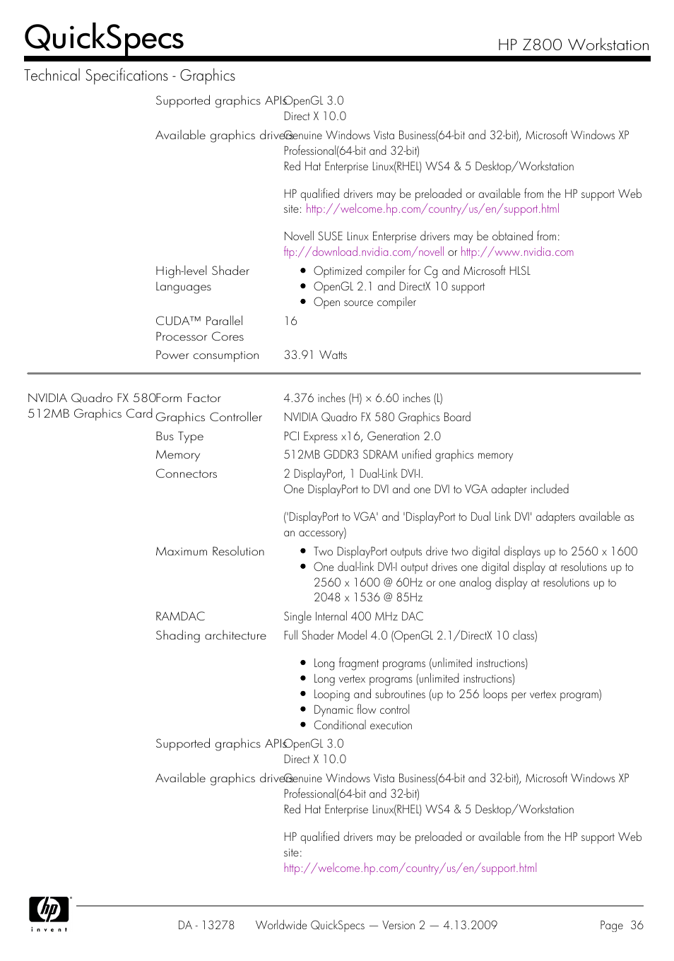 Quickspecs | HP Z800 User Manual | Page 36 / 55