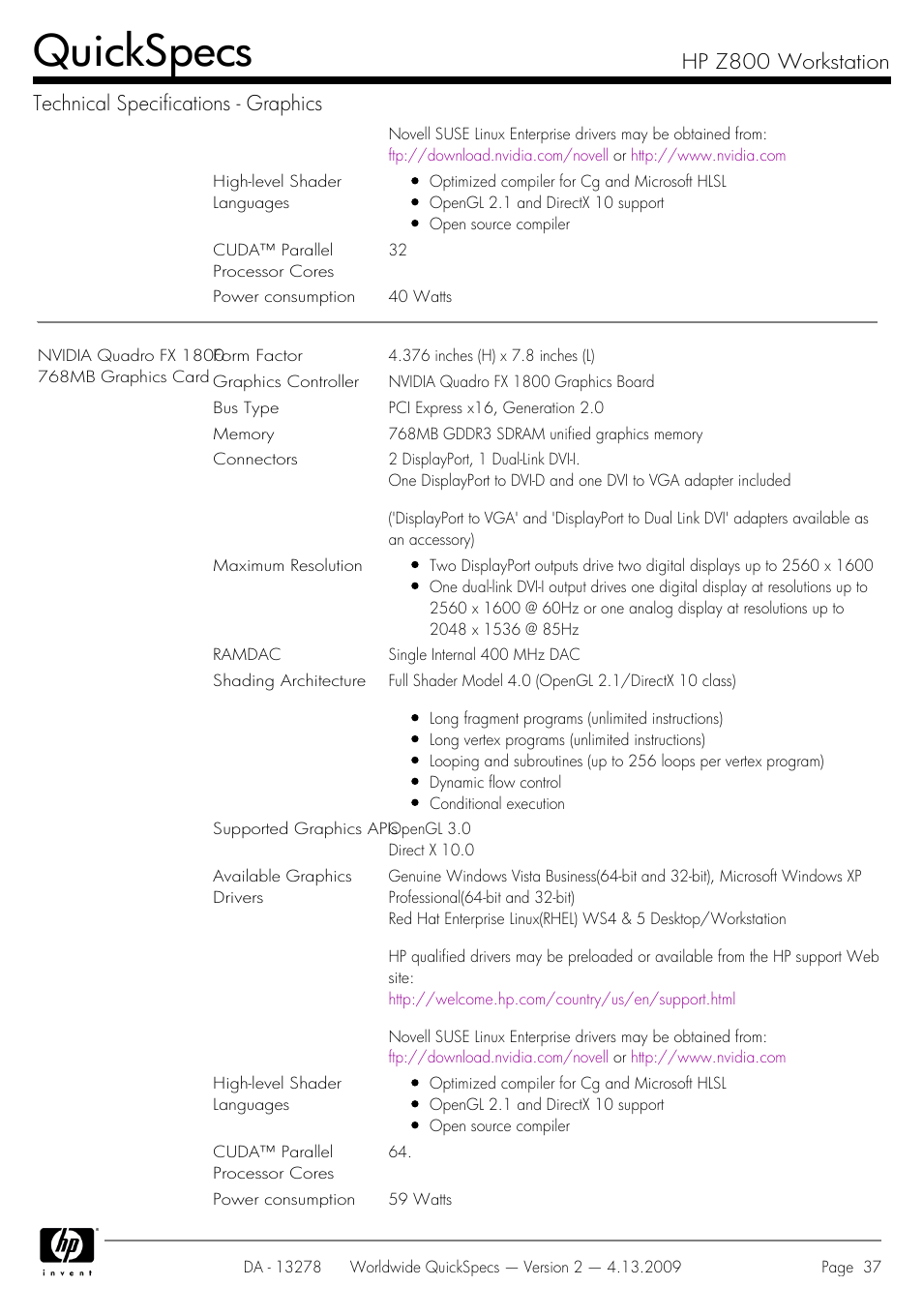 Quickspecs | HP Z800 User Manual | Page 37 / 55