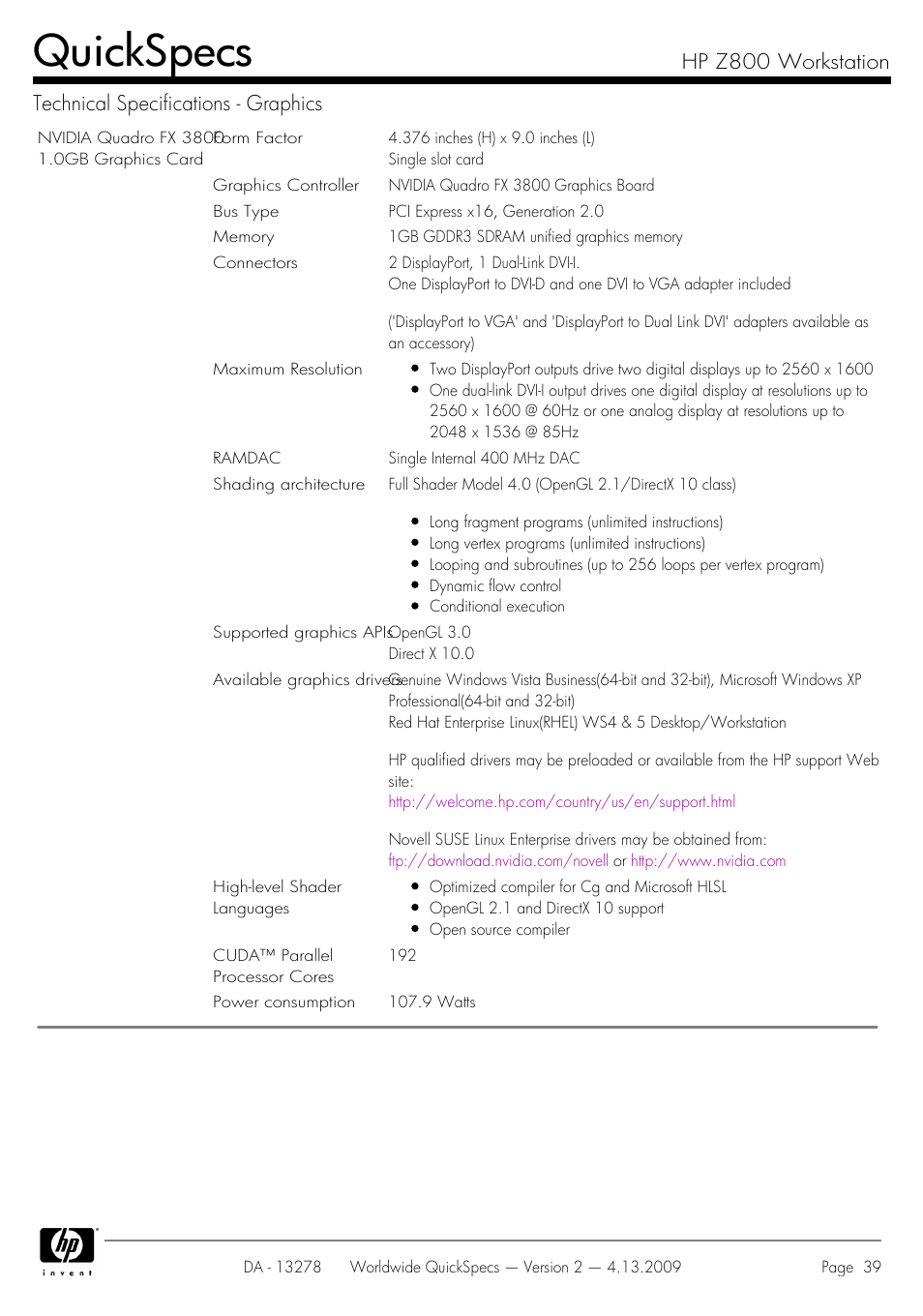 Quickspecs | HP Z800 User Manual | Page 39 / 55