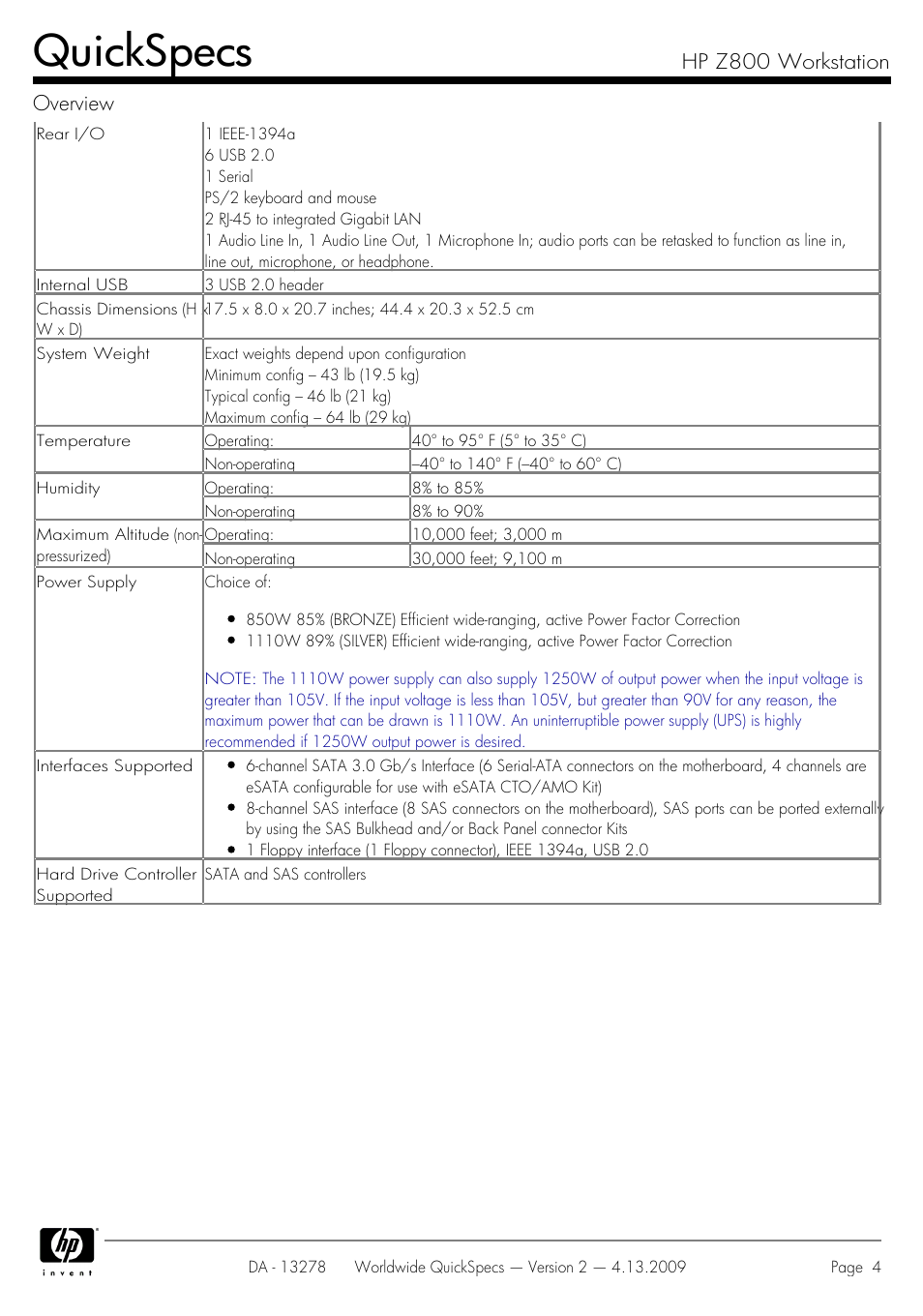 Quickspecs, Hp z800 workstation overview | HP Z800 User Manual | Page 4 / 55