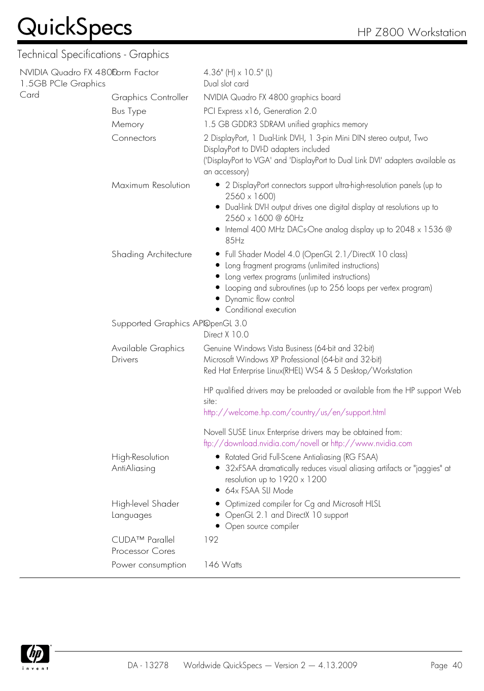 Quickspecs | HP Z800 User Manual | Page 40 / 55