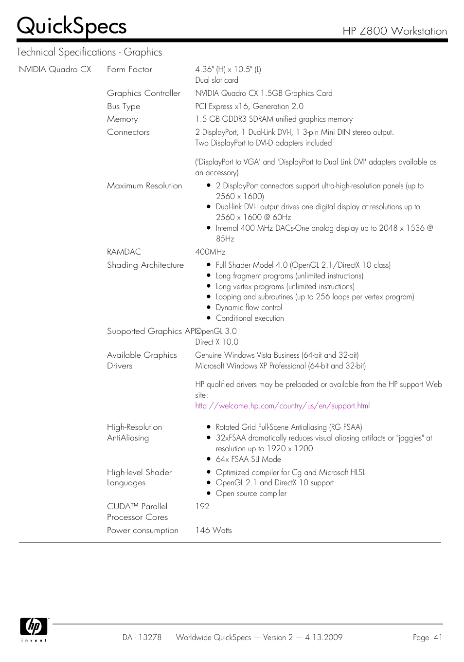 Quickspecs | HP Z800 User Manual | Page 41 / 55