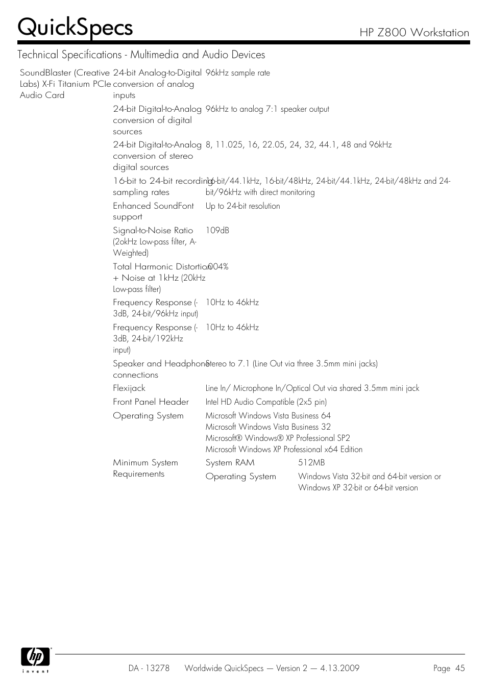 Quickspecs | HP Z800 User Manual | Page 45 / 55