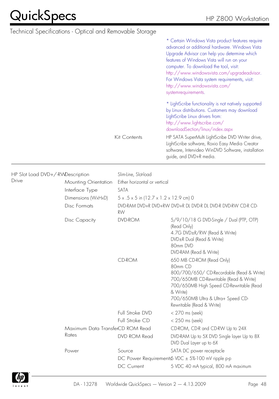 Quickspecs | HP Z800 User Manual | Page 48 / 55
