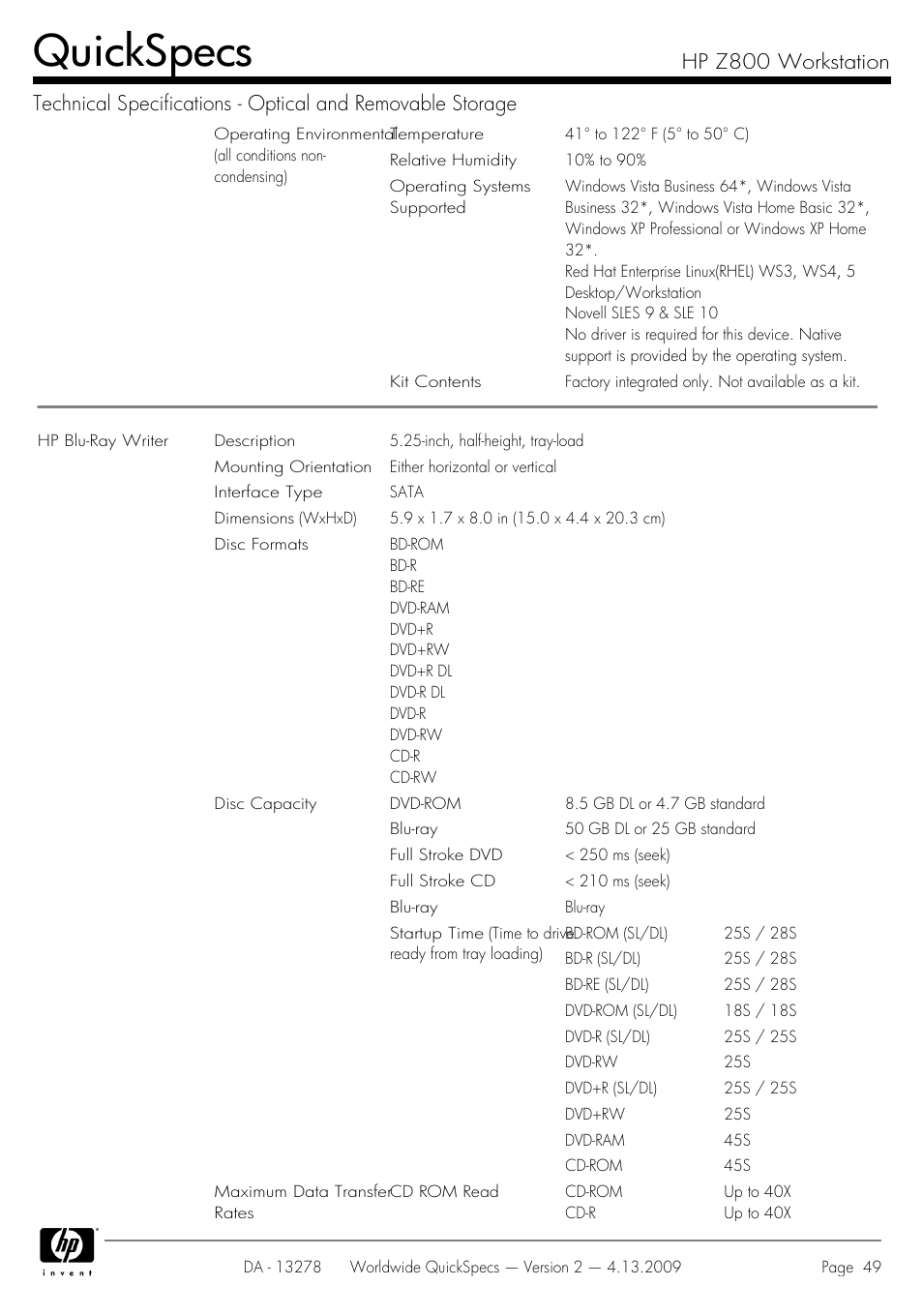 Quickspecs | HP Z800 User Manual | Page 49 / 55