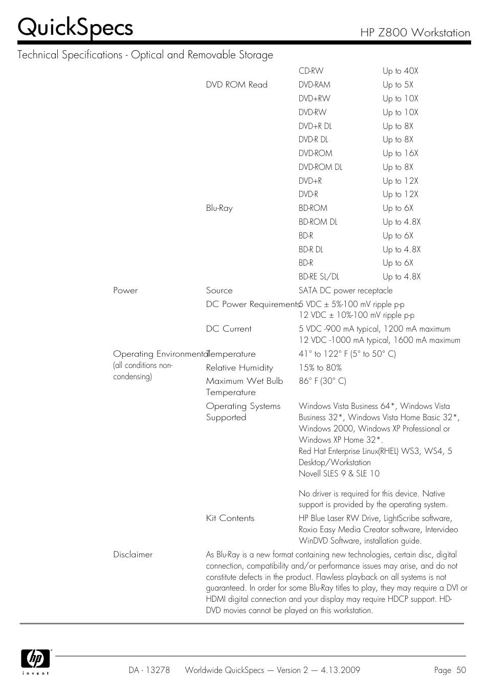 Quickspecs | HP Z800 User Manual | Page 50 / 55