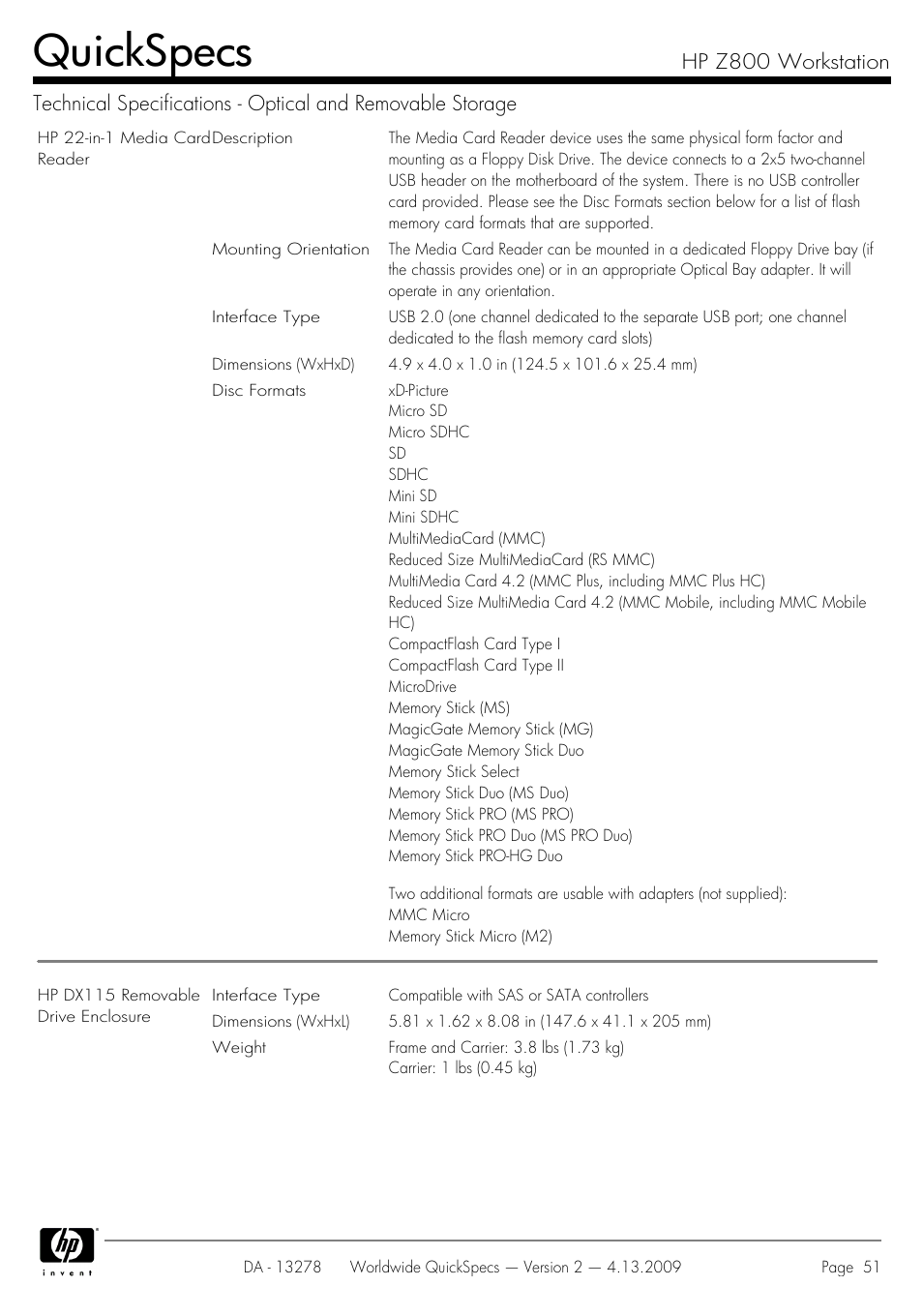 Quickspecs | HP Z800 User Manual | Page 51 / 55