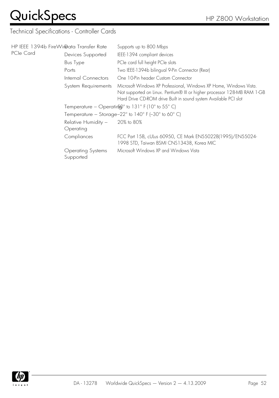 Technical specifications - controller cards, Quickspecs | HP Z800 User Manual | Page 52 / 55