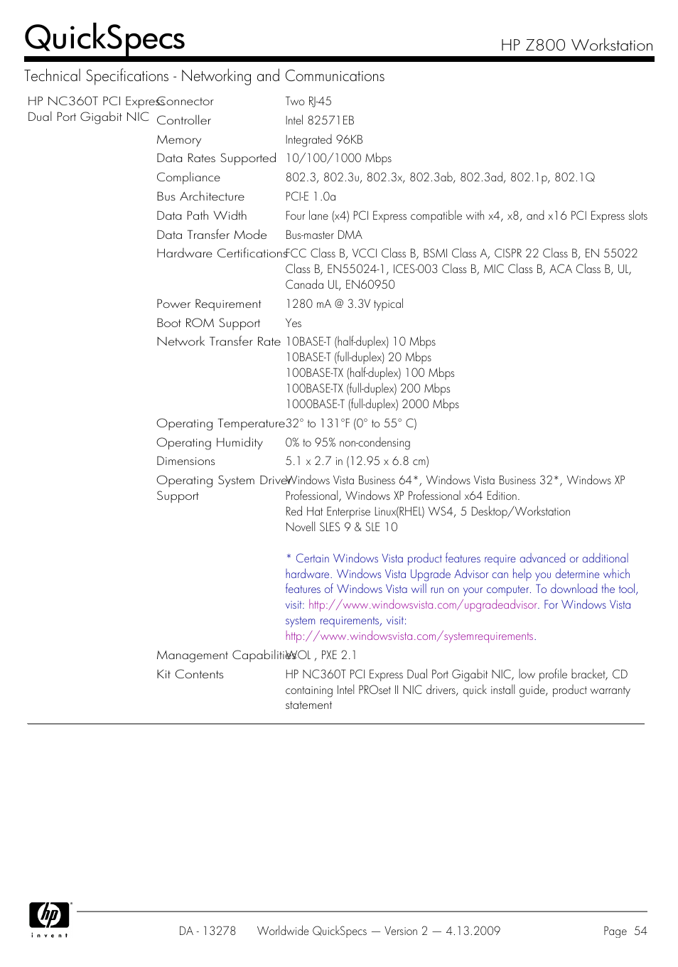 Quickspecs | HP Z800 User Manual | Page 54 / 55