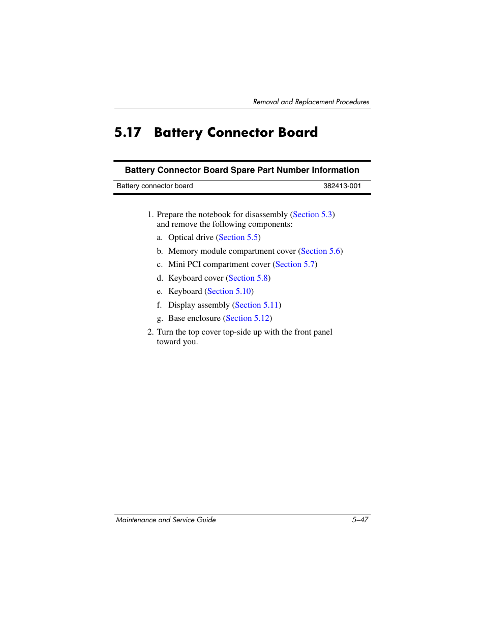 17 battery connector board, 17 battery connector board –47 | HP ze2000 User Manual | Page 140 / 213
