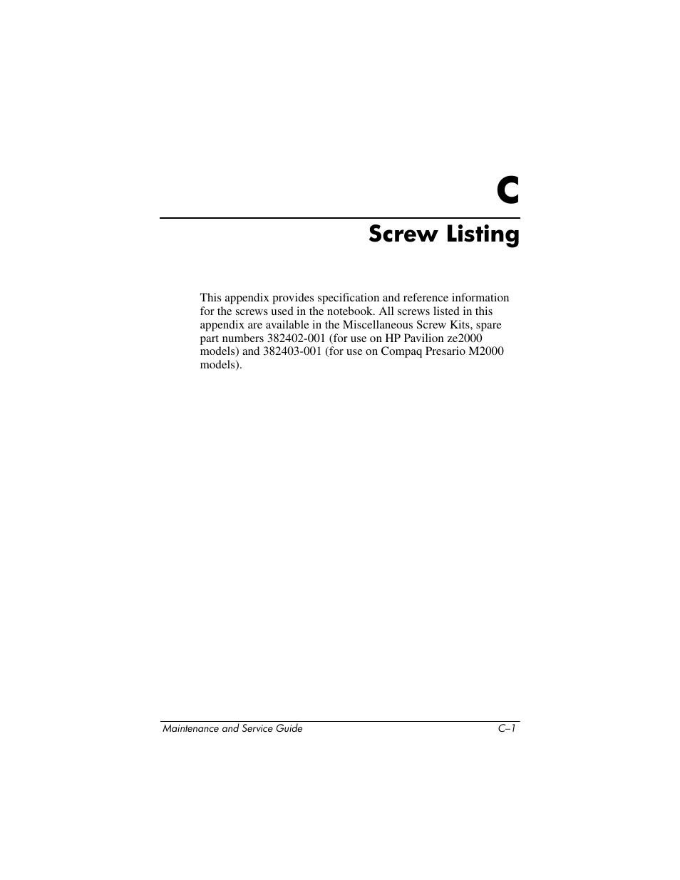 Screw listing, C screw listing | HP ze2000 User Manual | Page 184 / 213