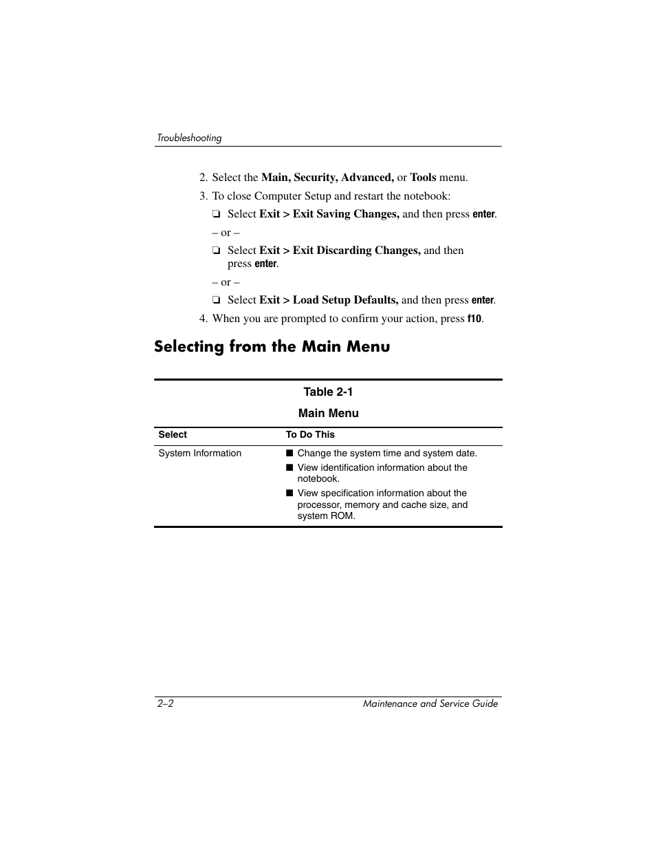 Selecting from the main menu | HP ze2000 User Manual | Page 37 / 213