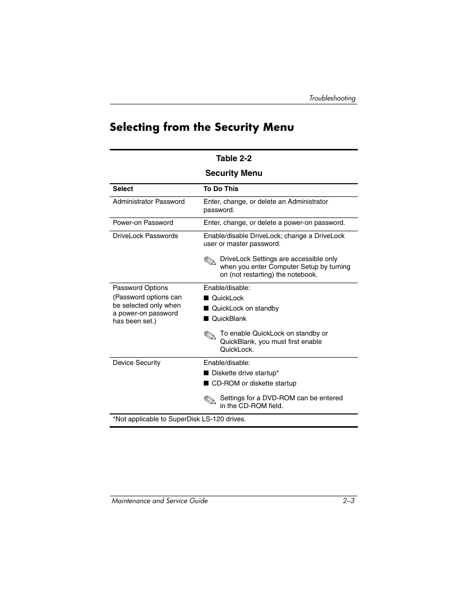 Selecting from the security menu | HP ze2000 User Manual | Page 38 / 213