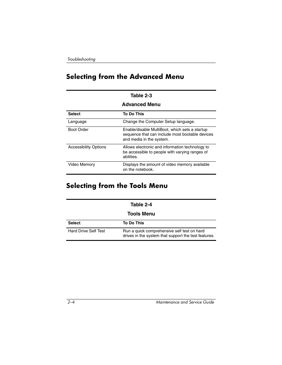 Selecting from the advanced menu, Selecting from the tools menu | HP ze2000 User Manual | Page 39 / 213