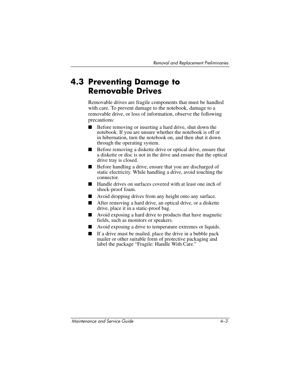 3 preventing damage to removable drives, 3 preventing damage to removable drives –3 | HP ze2000 User Manual | Page 88 / 213