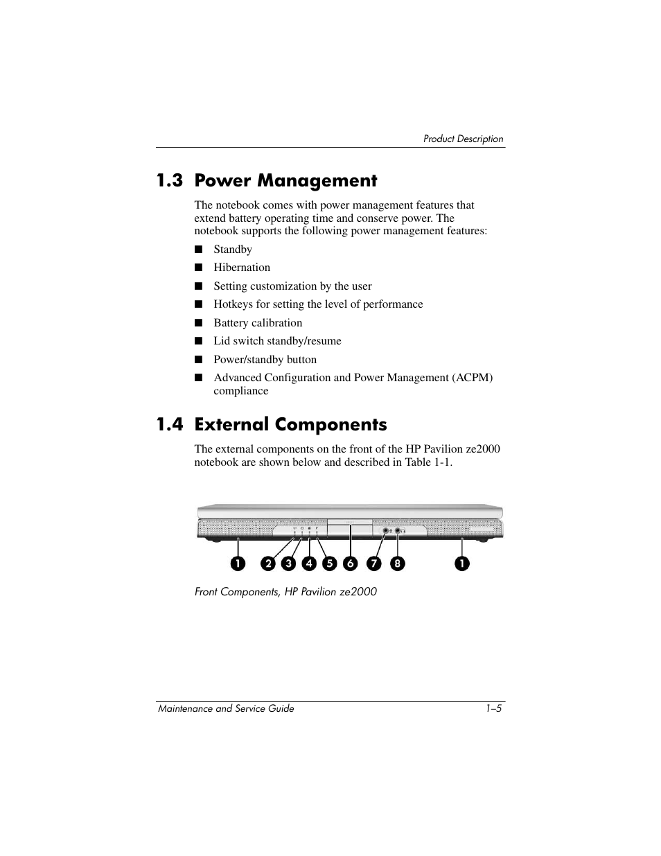 3 power management, 4 external components, 3 power management –5 1.4 external components –5 | HP ze2000 User Manual | Page 9 / 213