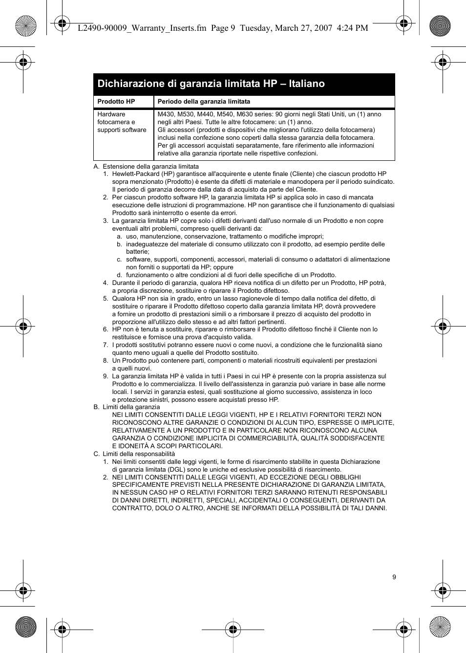 Dichiarazione di garanzia limitata hp – italiano | HP M540 User Manual | Page 11 / 28