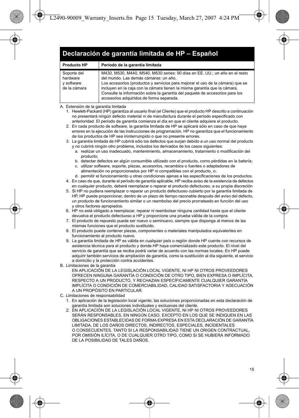 Declaración de garantía limitada de hp – español | HP M540 User Manual | Page 17 / 28
