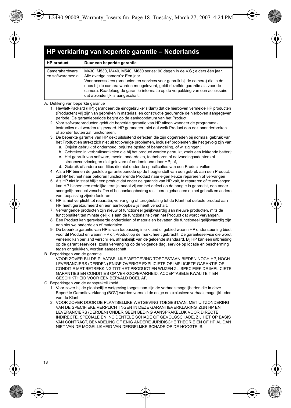 Hp verklaring van beperkte garantie – nederlands | HP M540 User Manual | Page 20 / 28