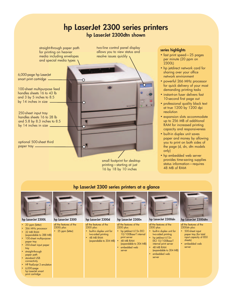 Hp laserjet 2300 series printers, Hp laserjet 2300dtn shown, Hp laserjet 2300 series printers at a glance | HP 2300d User Manual | Page 2 / 4