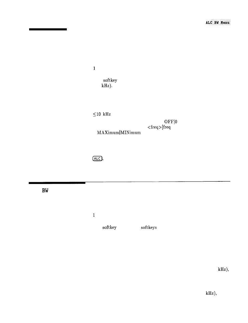 Alc bandwidth select low, Alc bw menu, Alc menu | HP 8360 User Manual | Page 156 / 508